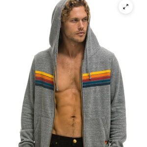 Aviator Nation Gray Zip-Up Sweater with Colorful Stripes